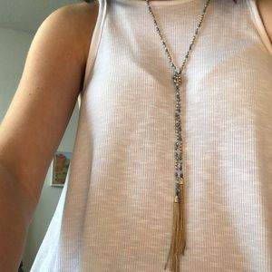 Beaded long necklace with tassels